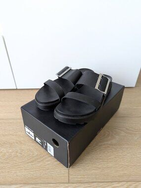 Sorel Roaming Buckle Black Leather Platform Slide Sandals - Women's 8